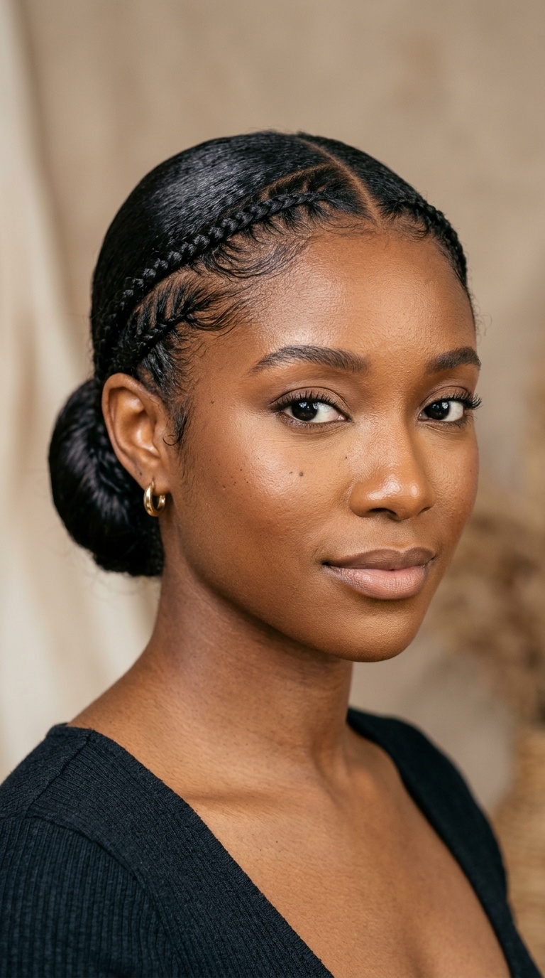 Sleek Bun with Face-Framing Cornrows