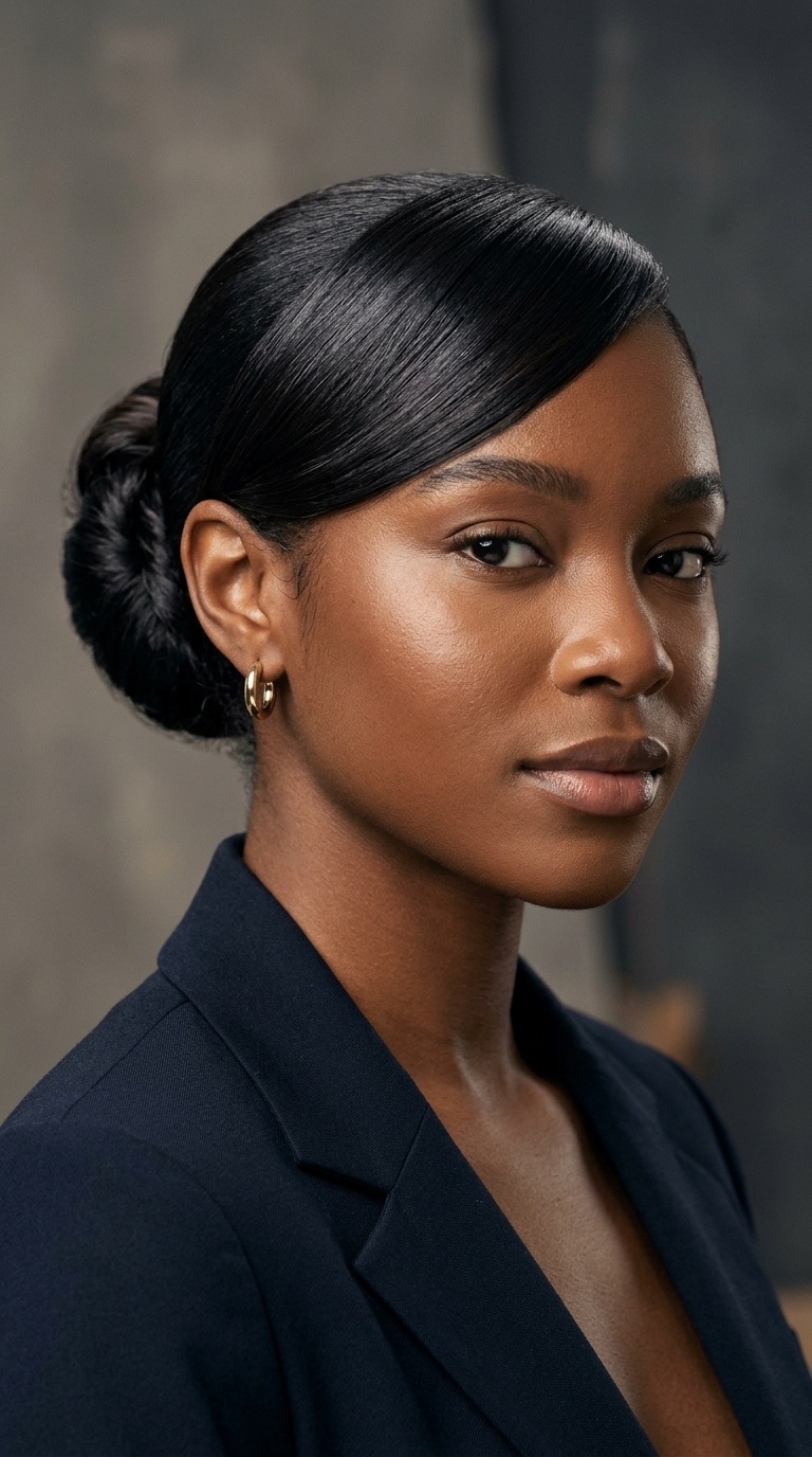 Sleek Bun with Side Swoop Bang
