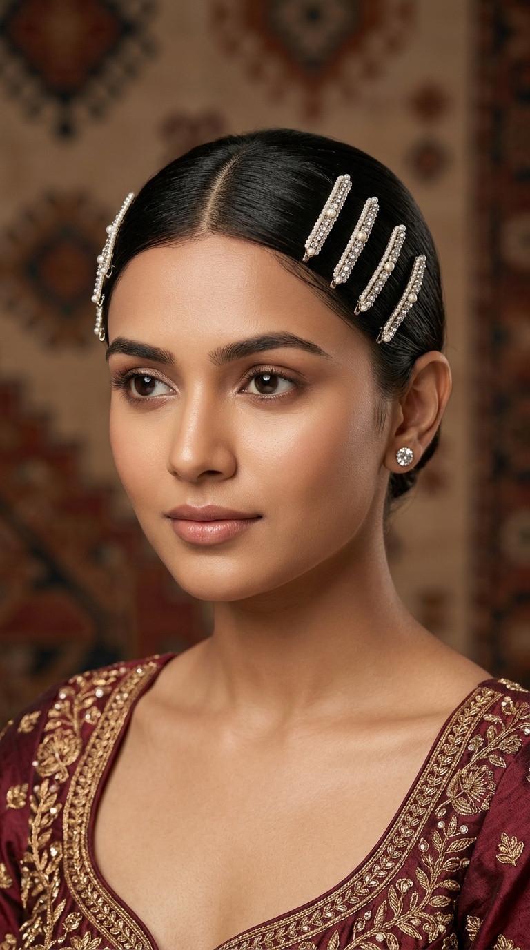 Sleek Center Part with Jeweled Pins