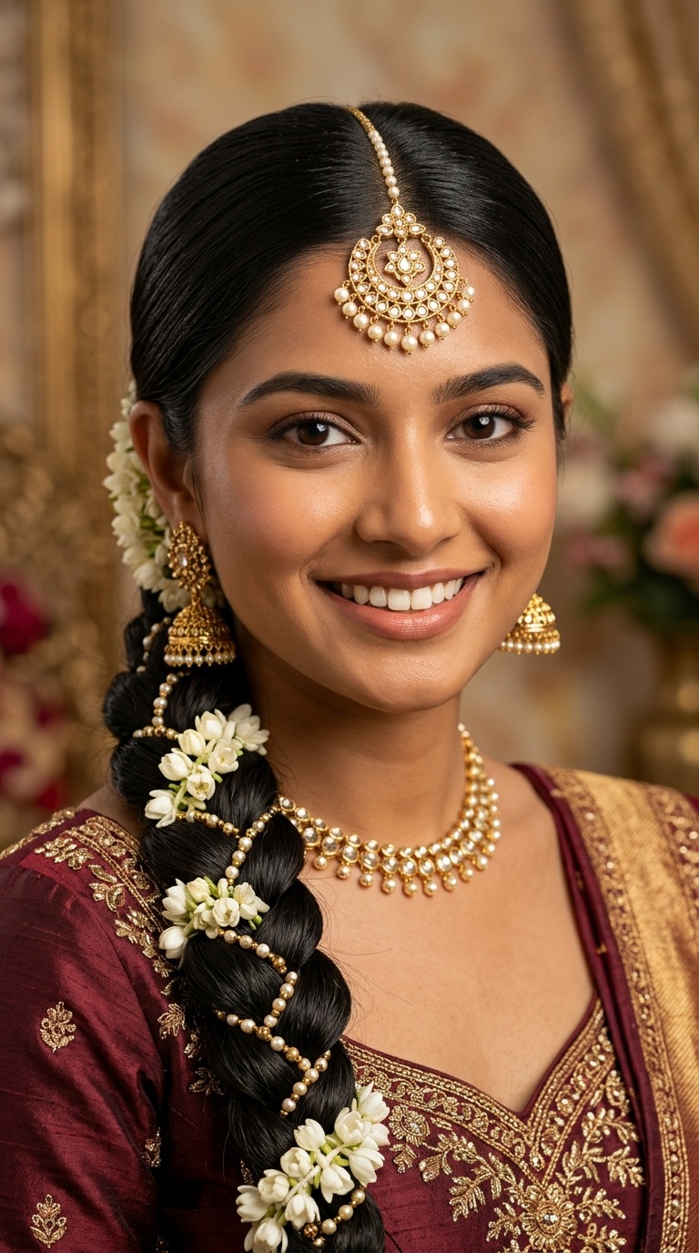 Sleek Center-Parted Braid with Mathapatti