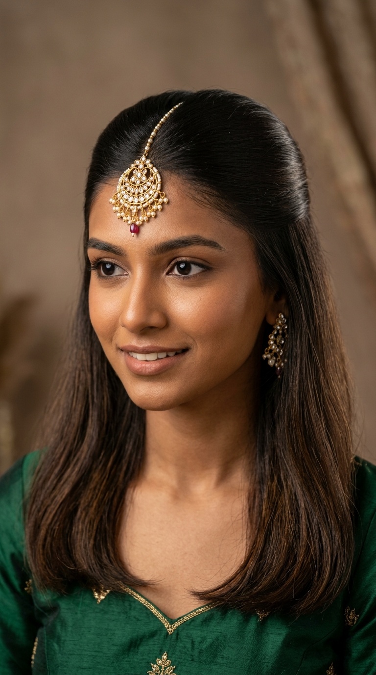 Sleek Half-Up Half-Down with Maang Tikka