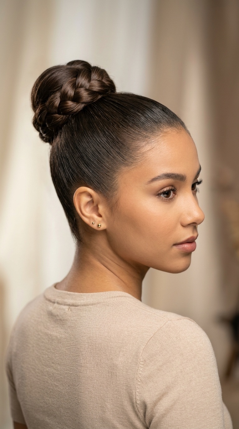 Sleek High Bun with Braided Base
