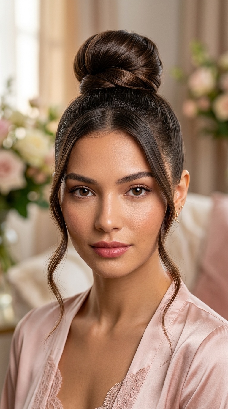 Sleek High Bun with Face-Framing Tendrils
