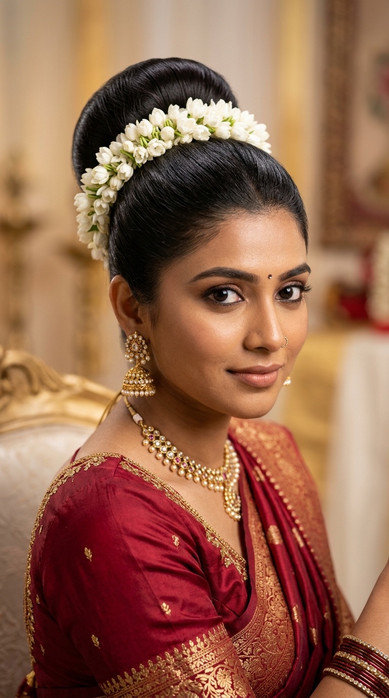 Sleek High Bun with Fresh Gajra