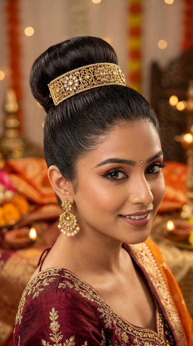 Sleek High Bun with Gold Hair Wrap