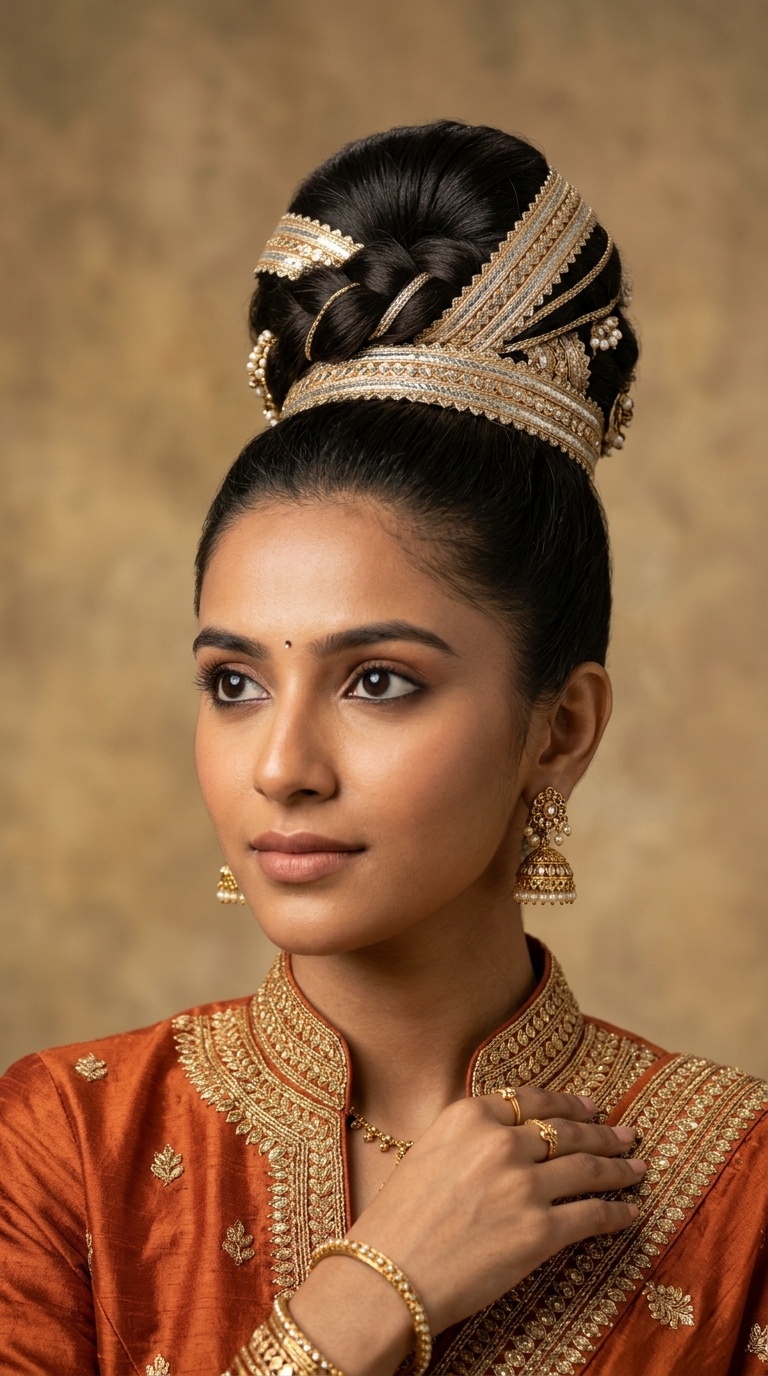 Sleek High Bun with Gota Patti Ribbons