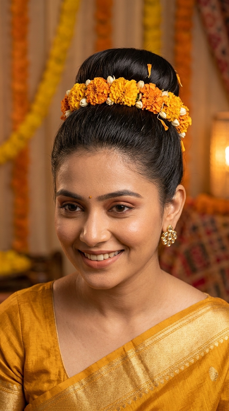 Sleek High Bun with Marigold Border