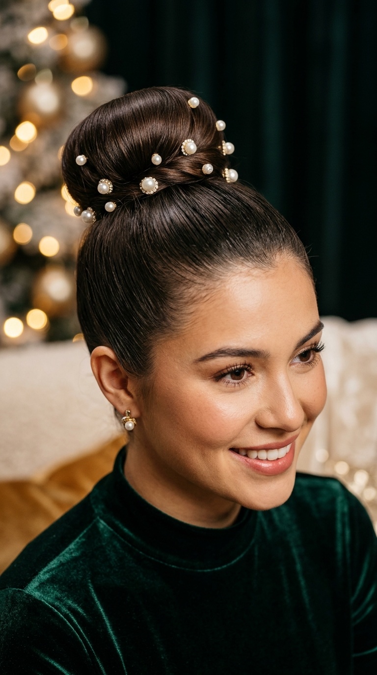 Sleek High Bun with Pearl Pins