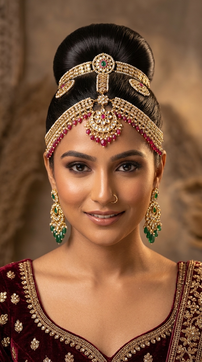 Sleek High Bun with Statement Matha Patti