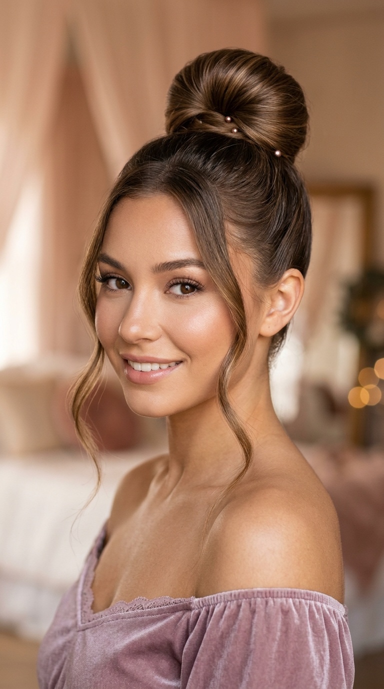 Sleek High Bun with Tendrils