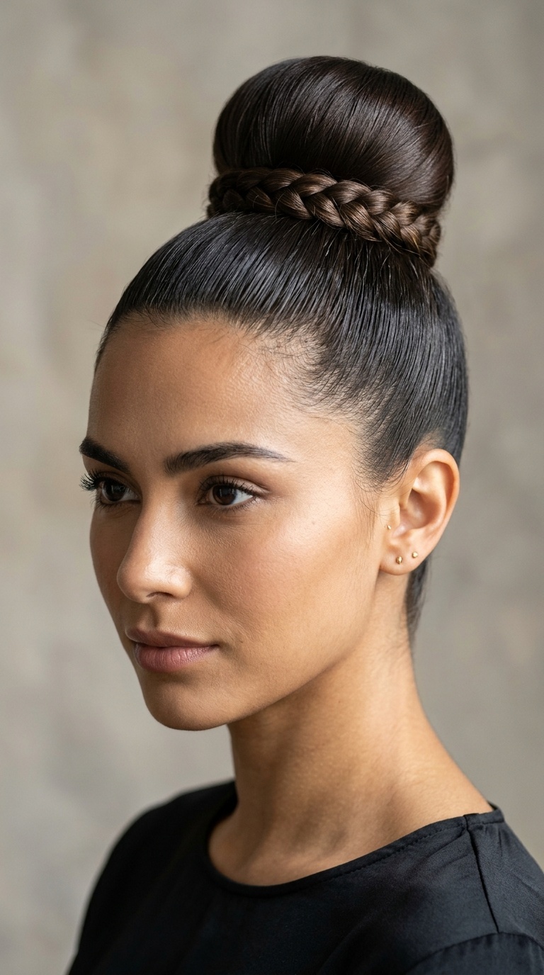 Sleek High Bun with Wrapped Braid Base