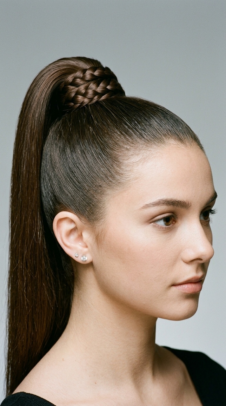 Sleek High Pony with Braided Wrap
