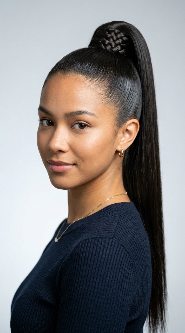 Sleek High Pony with Braided Wrap