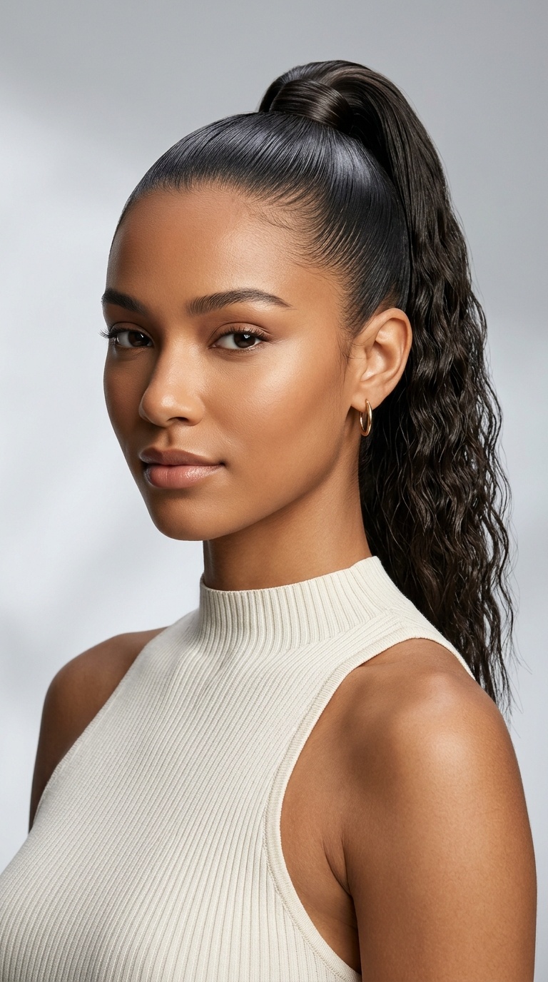 Sleek High Pony with Crinkled Ends