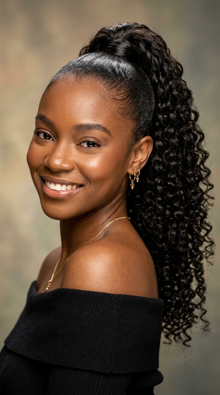 Sleek High Pony with Drawstring Curls