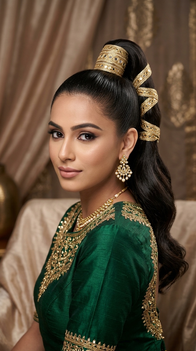 Sleek High Pony with Gota Patti Wrap