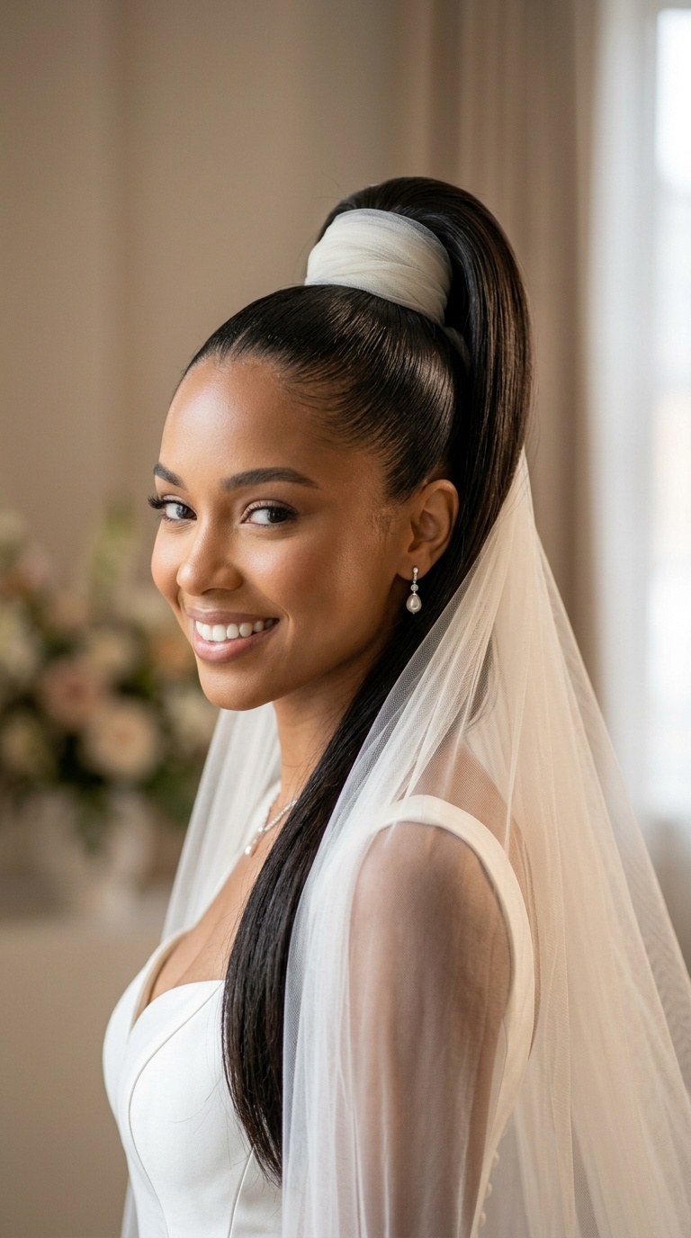 Sleek High Ponytail with Base Wrap Veil