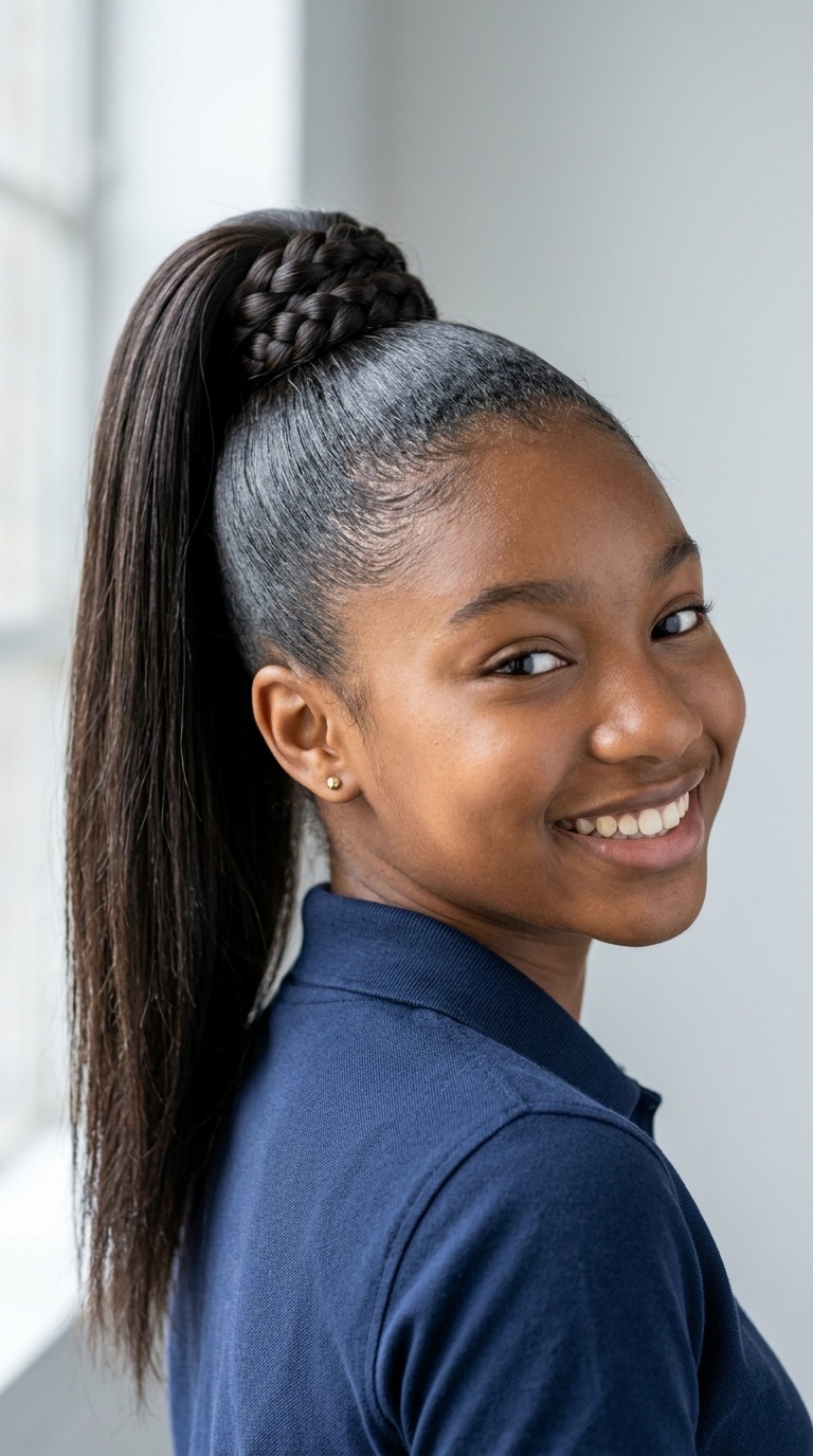 Sleek High Ponytail with Braided Base