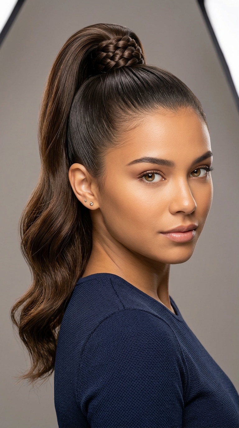 Sleek High Ponytail with Braided Wrap