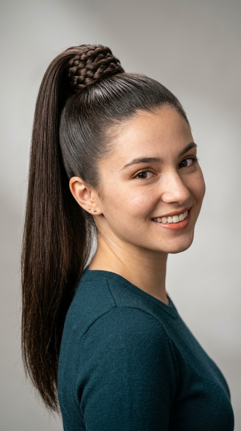 Sleek High Ponytail with Braided Wrap
