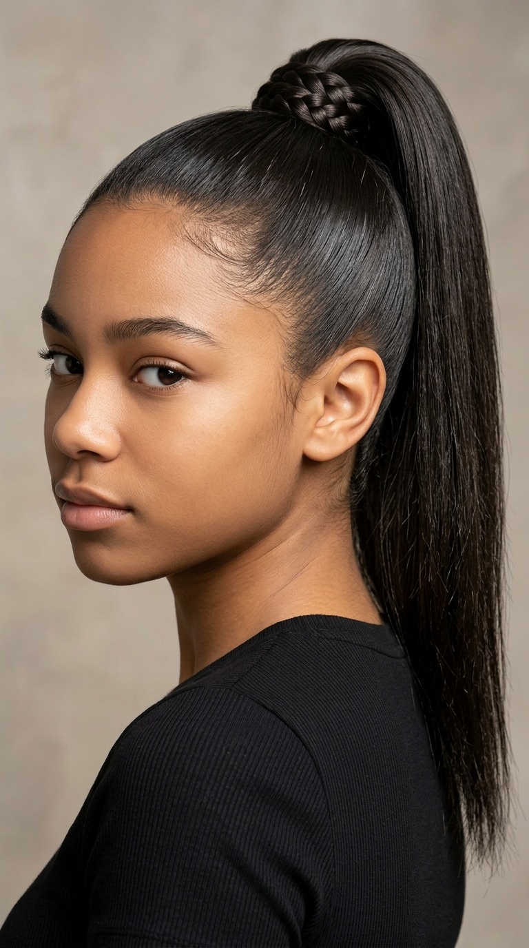 Sleek High Ponytail with Braided Wrap