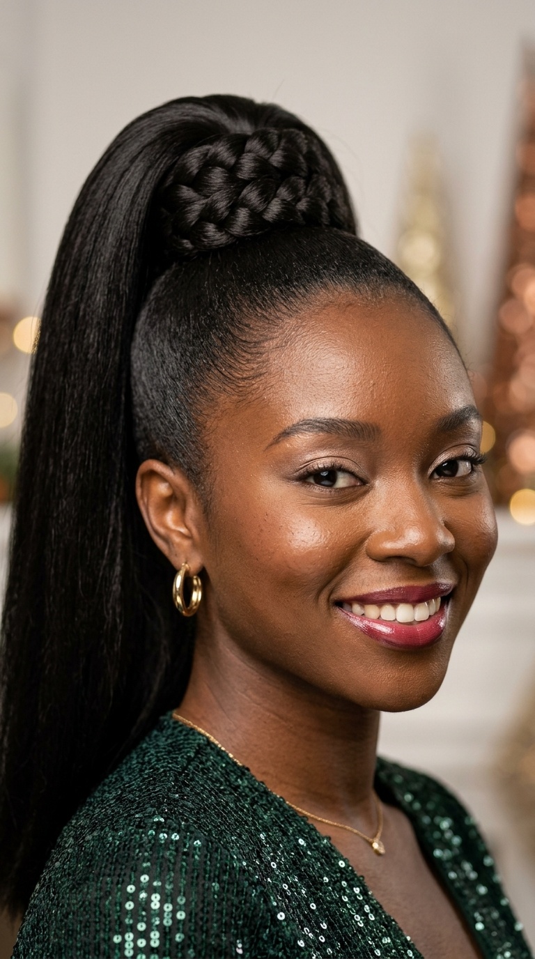 Sleek High Ponytail with Braided Wrap