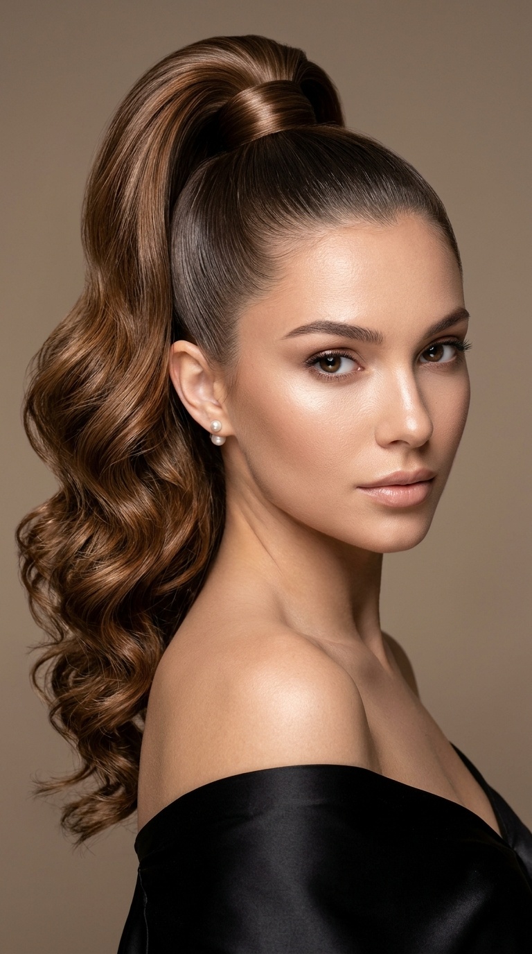 Sleek High Ponytail with Curled Ends