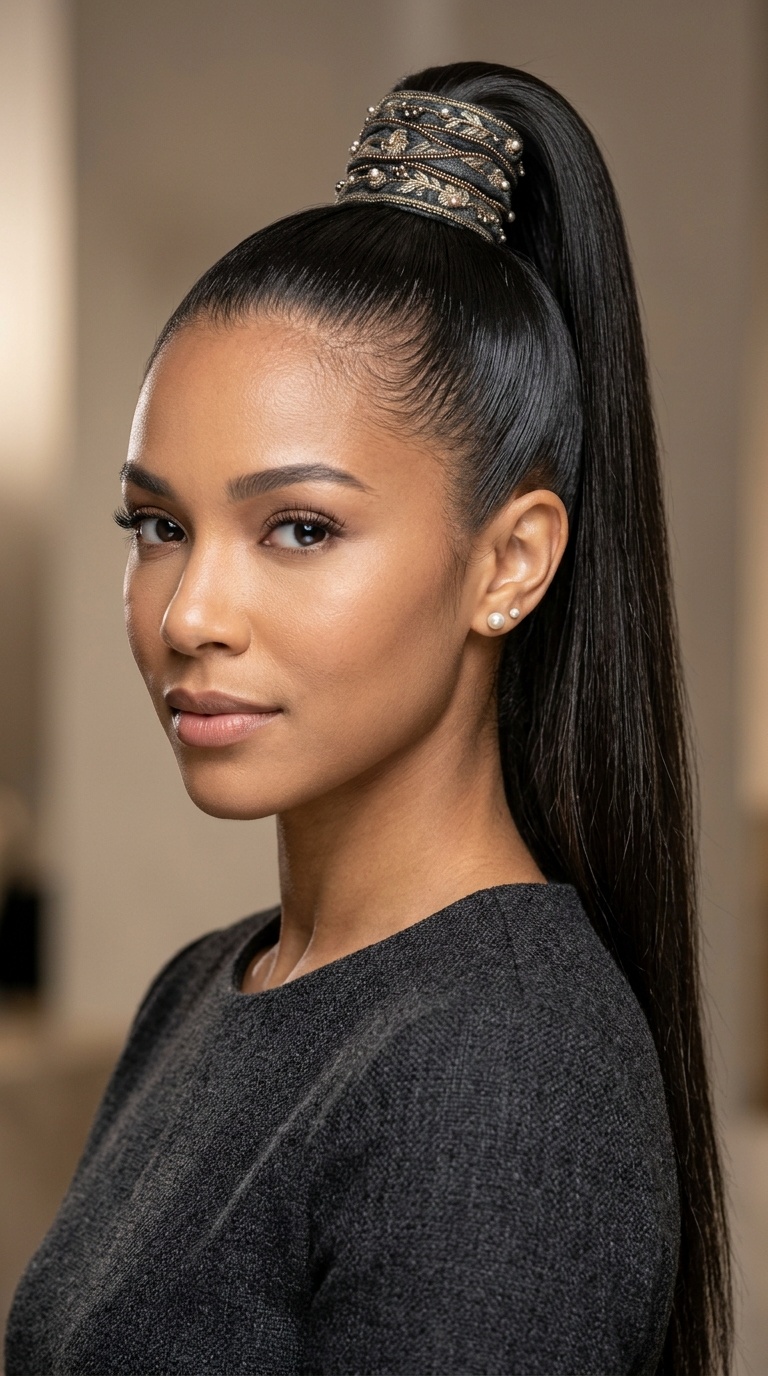 Sleek High Ponytail with Hair Wrap