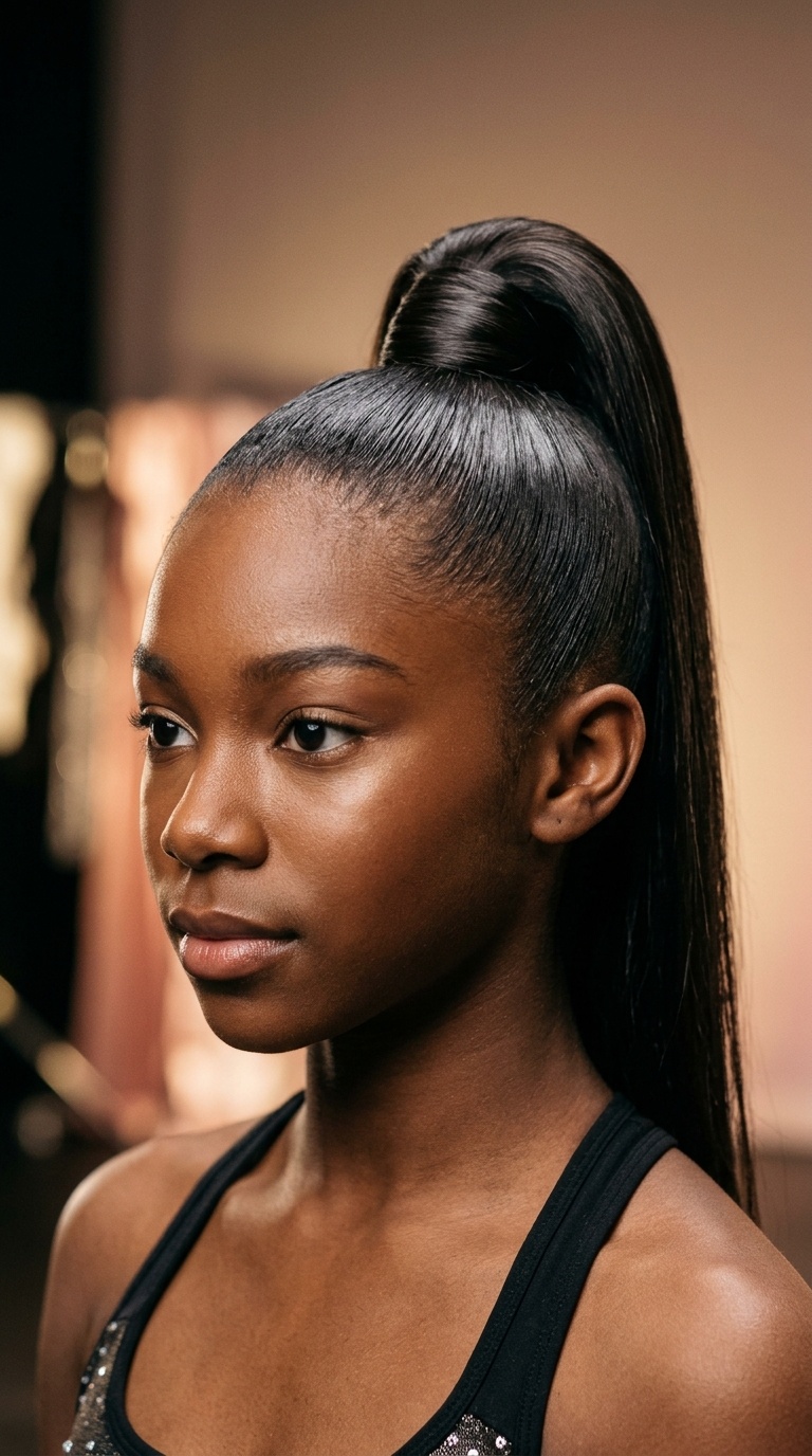 Sleek High Ponytail with Hair Wrap