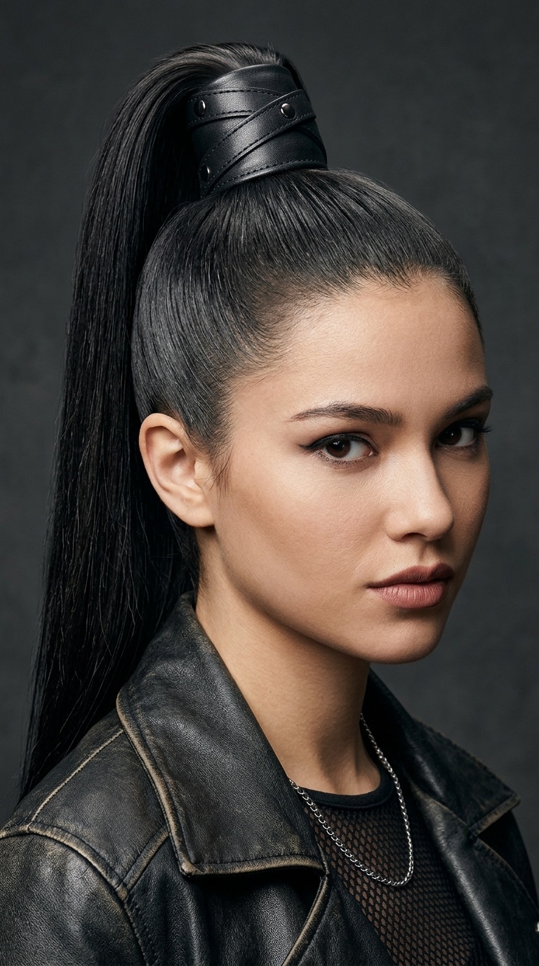 Sleek High Ponytail with Leather Wraps