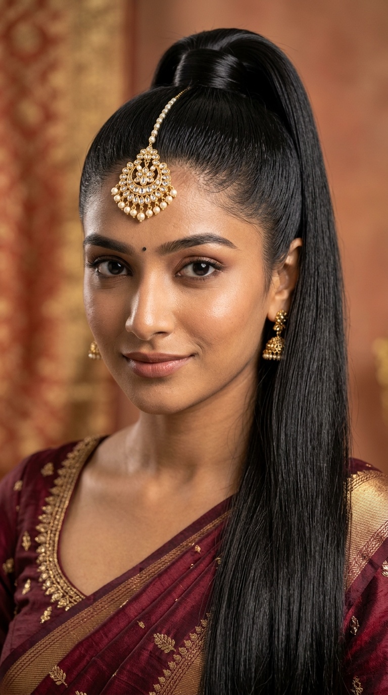 Sleek High Ponytail with Maang Tikka