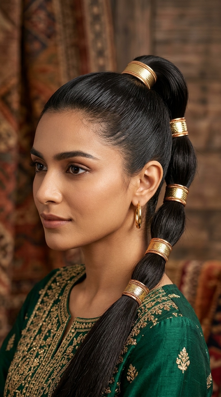 Sleek High Ponytail with Metallic Cuffs