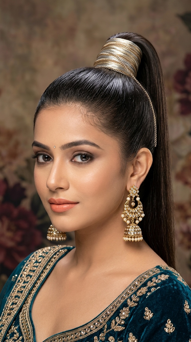 Sleek High Ponytail with Metallic Wrap