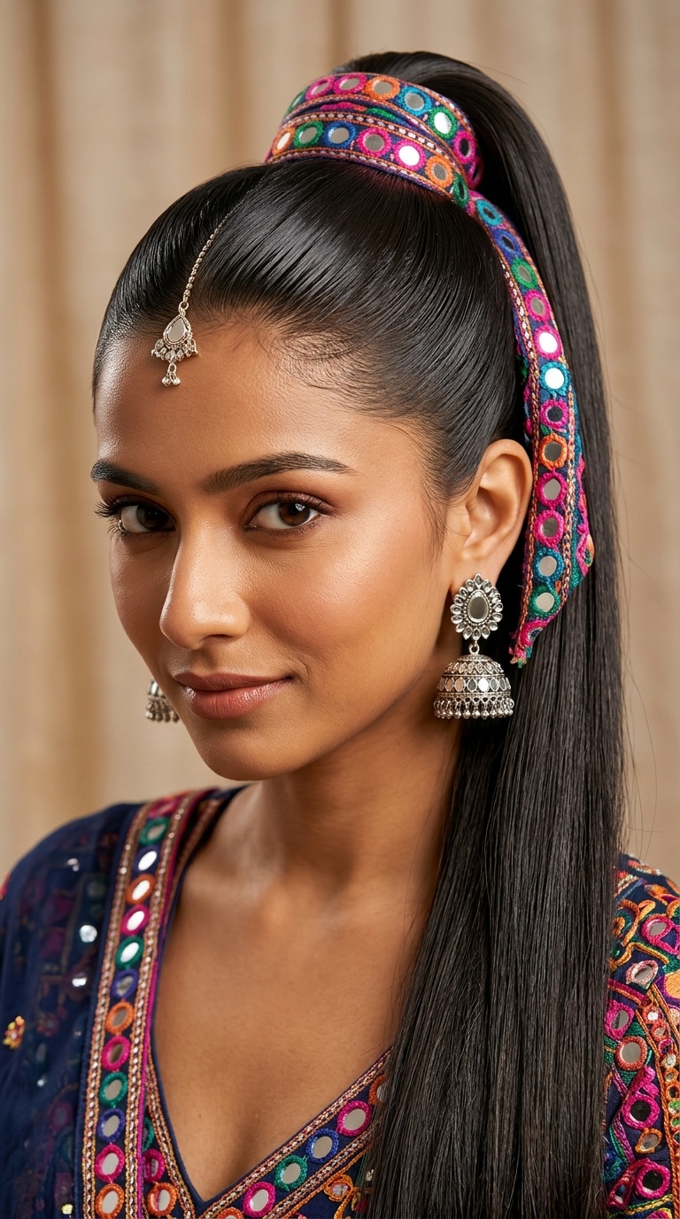 Sleek High Ponytail with Mirror-Work Scarf