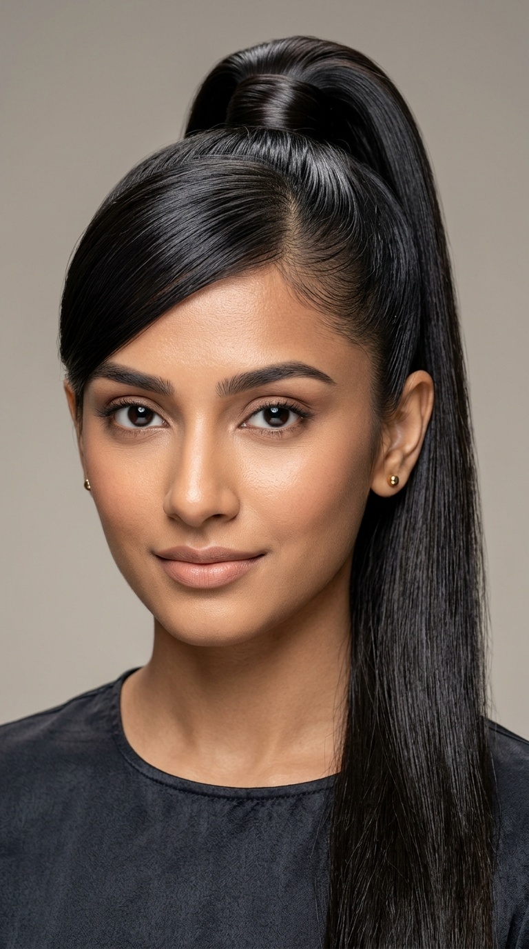 Sleek High Ponytail with Side Bangs