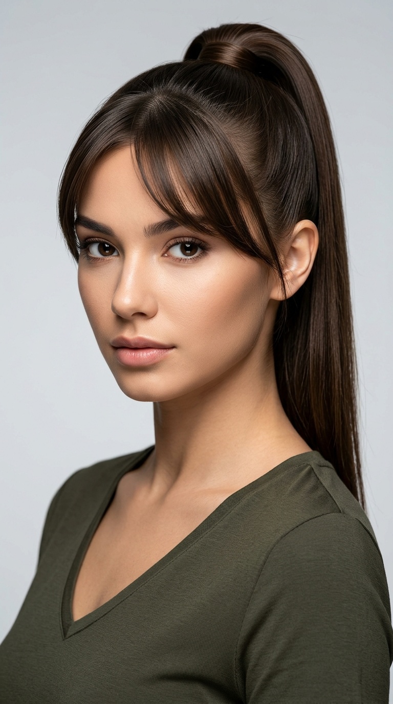 Sleek High Ponytail with Side-Swept Bangs