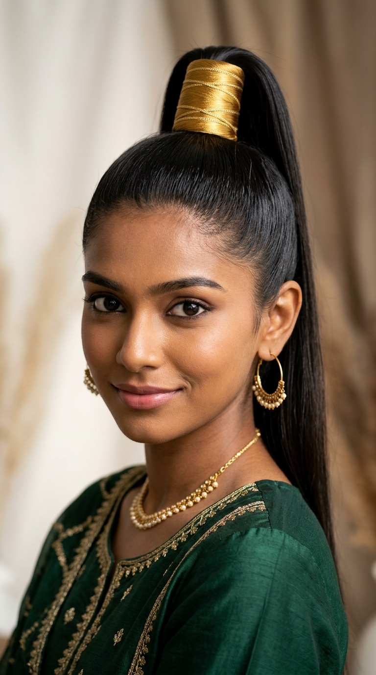 Sleek High Ponytail with Silk Thread Wrap