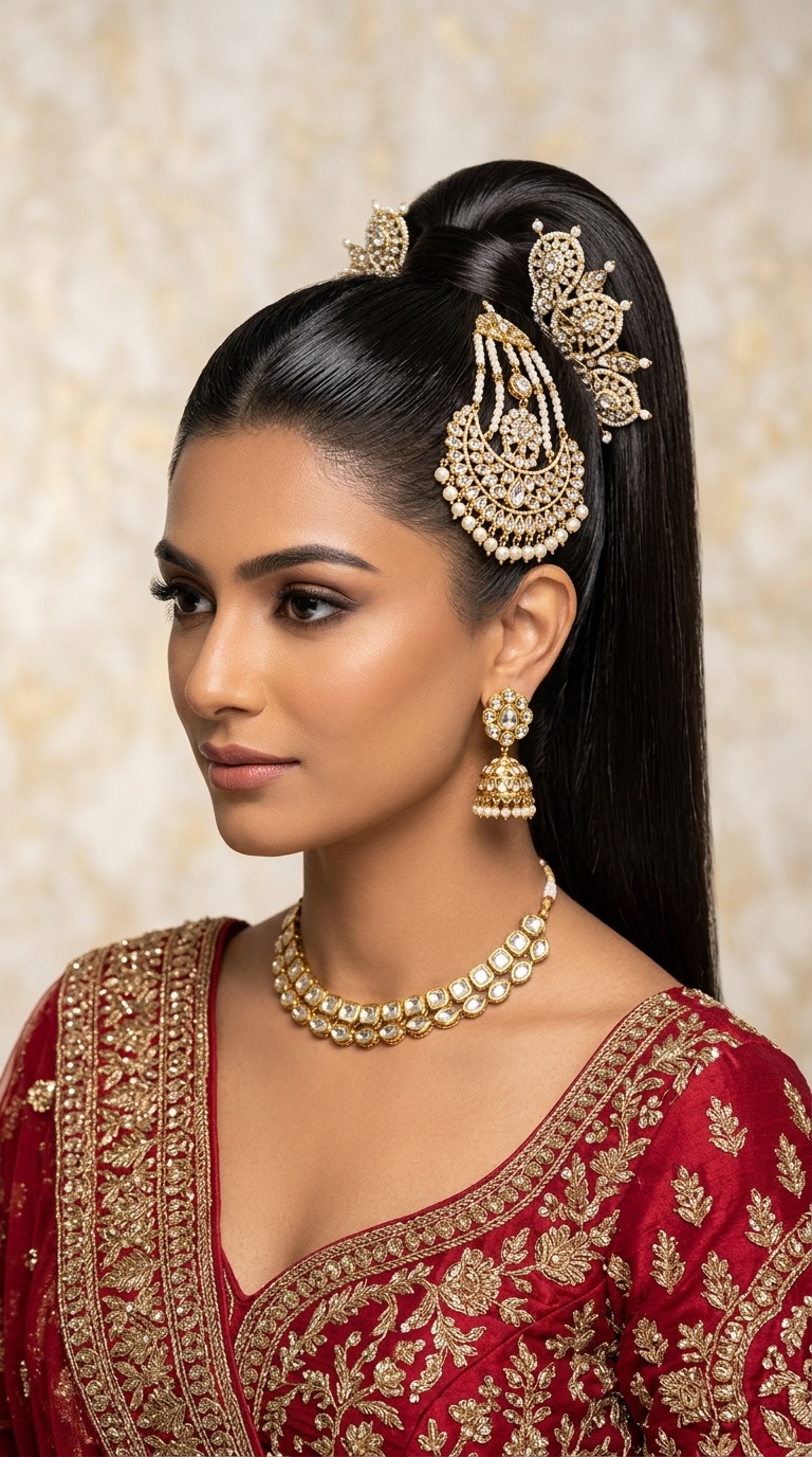 Sleek High Ponytail with Statement Hairpins