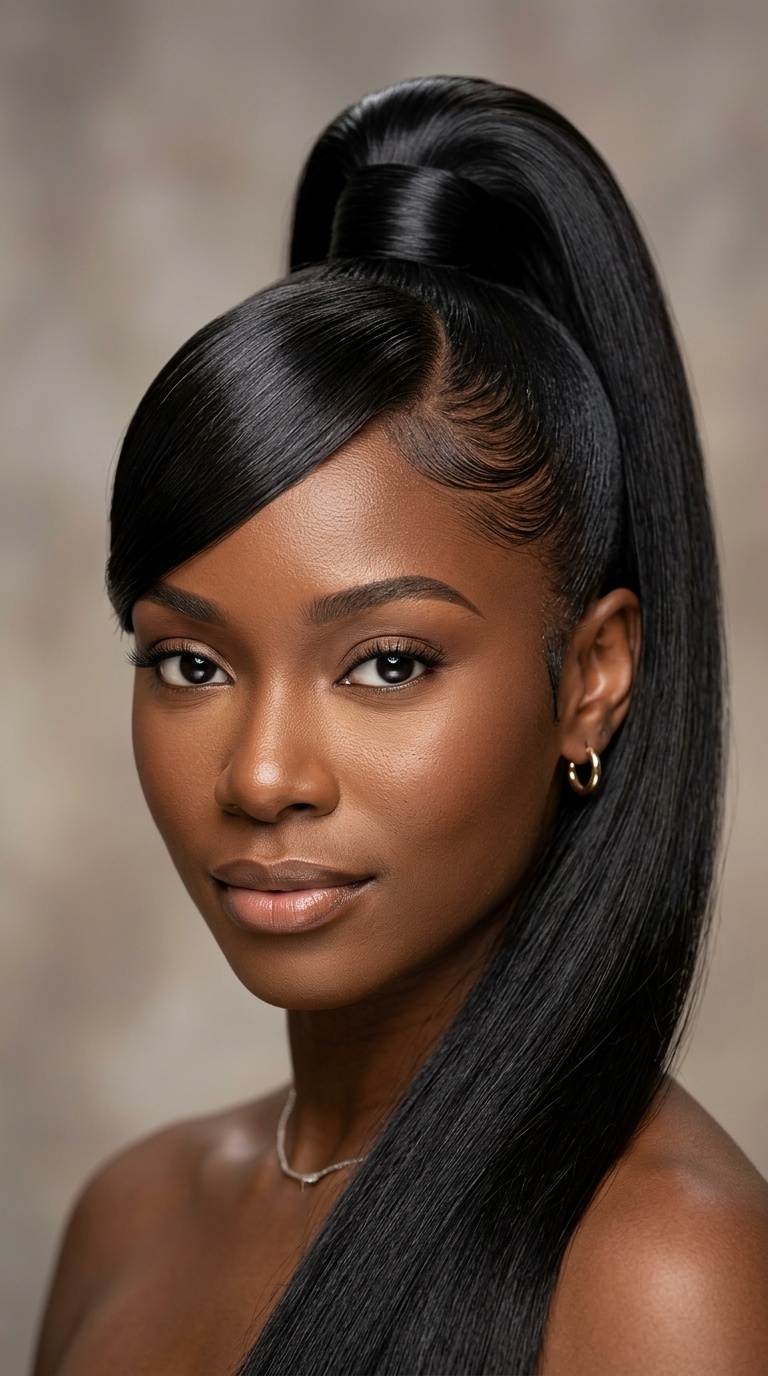 Sleek High Ponytail with Swoop Bang