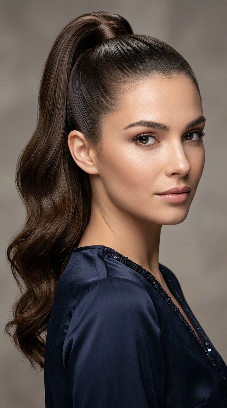 Sleek High Ponytail with Wave Finish