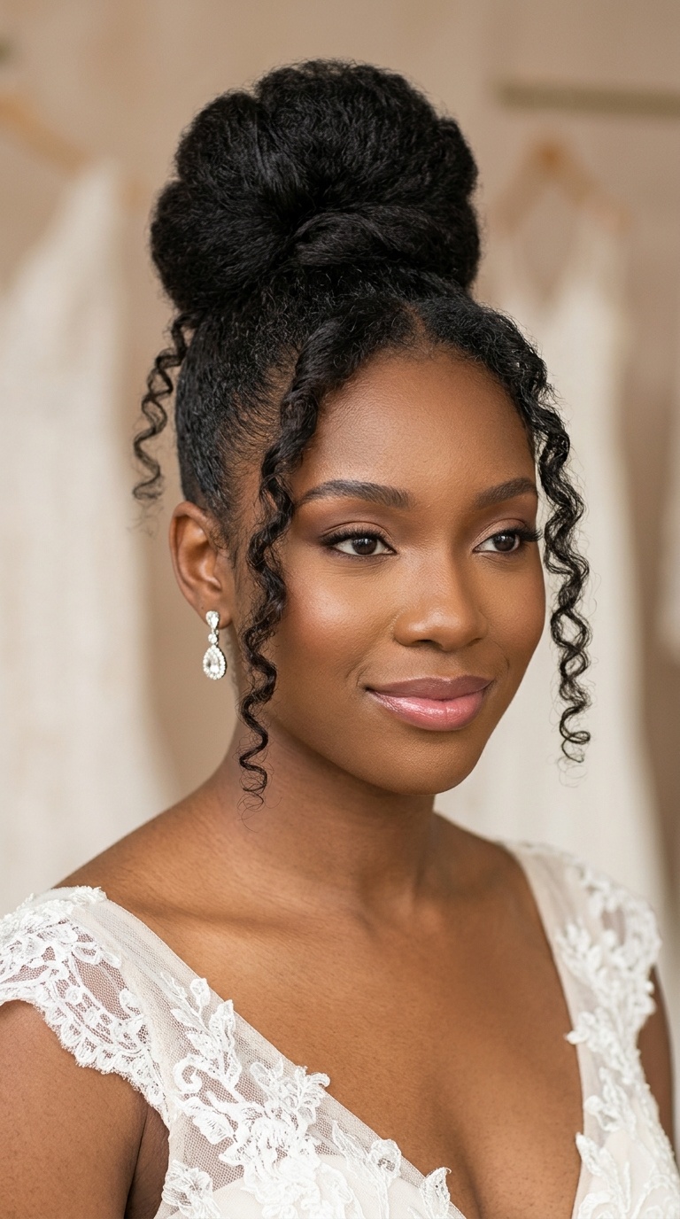 Sleek High Topknot with Curly Tendrils