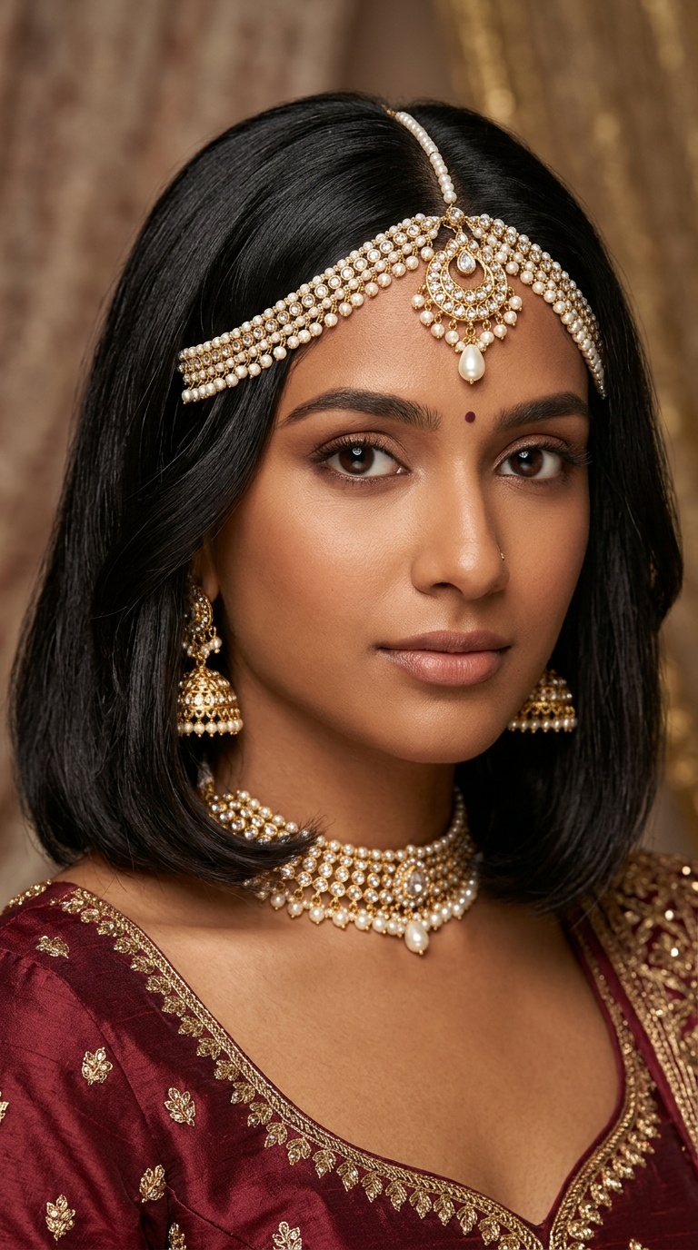 Sleek Lob with Pearl Matha Patti