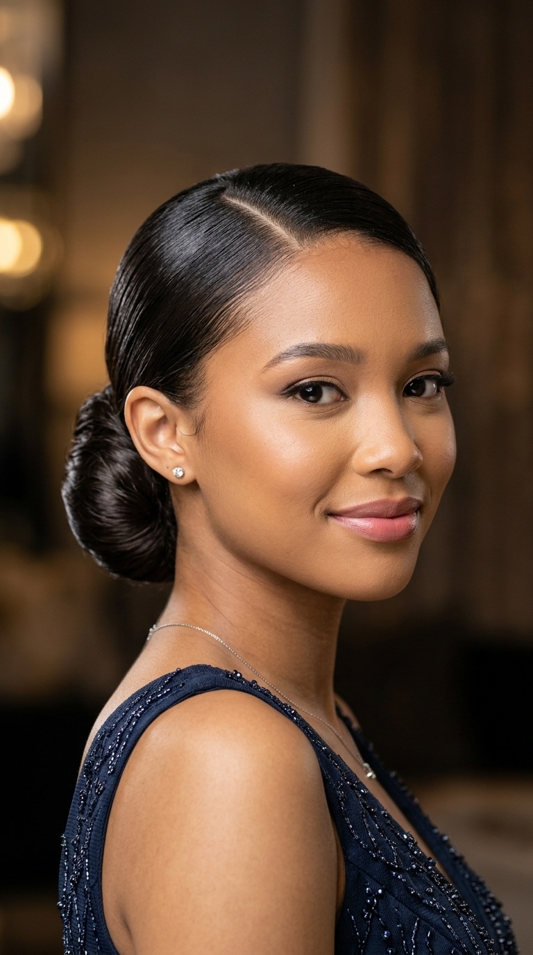 Sleek Low Bun with Deep Side Part