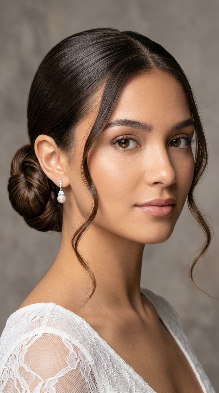 Sleek Low Bun with Face-Framing Tendrils