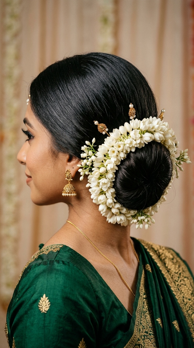 Sleek Low Bun with Fresh Jasmine Gajra