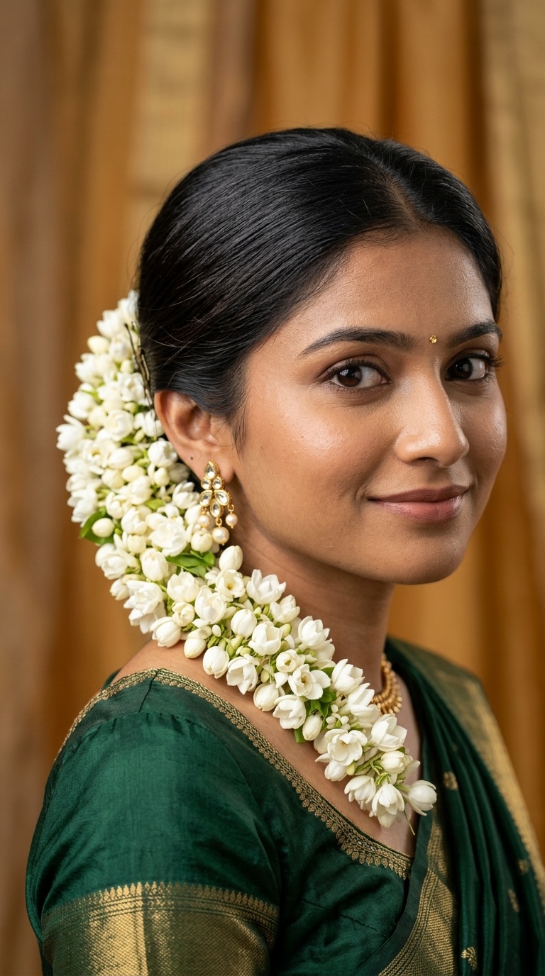 Sleek Low Bun with Fresh Mogra Gajra