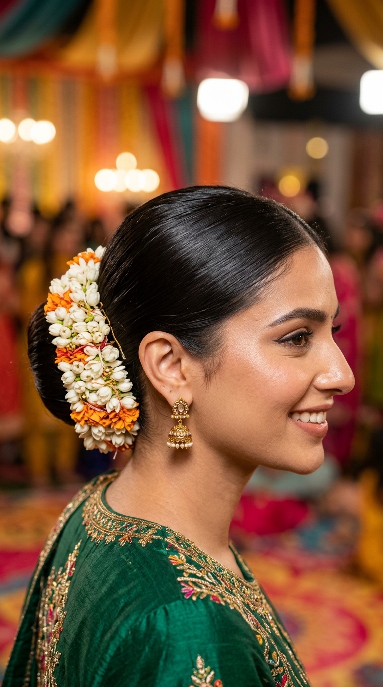 Sleek Low Bun with Gajara