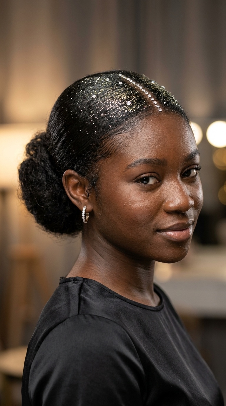 Sleek Low Bun with Glitter Parting