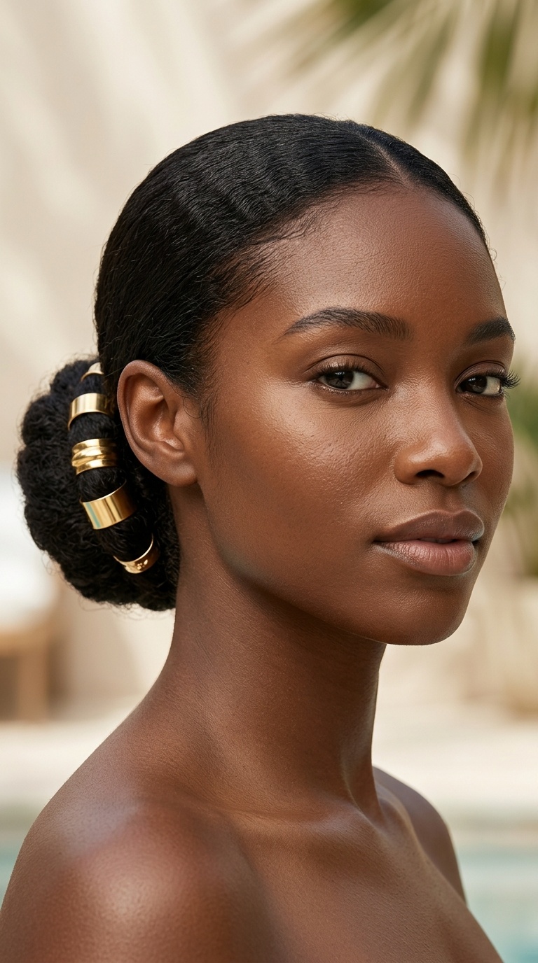 Sleek Low Bun with Gold Cuffs