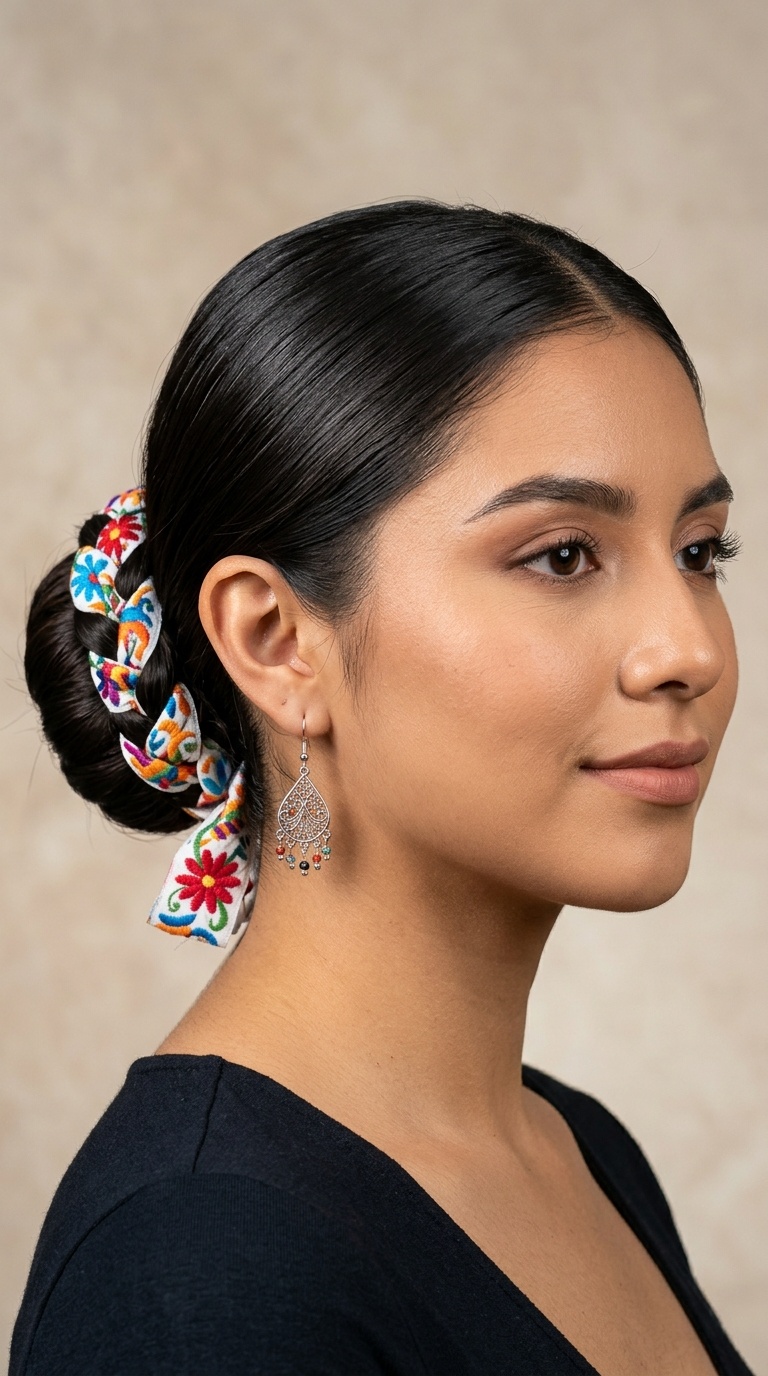 Sleek Low Bun with Otomí Ribbons
